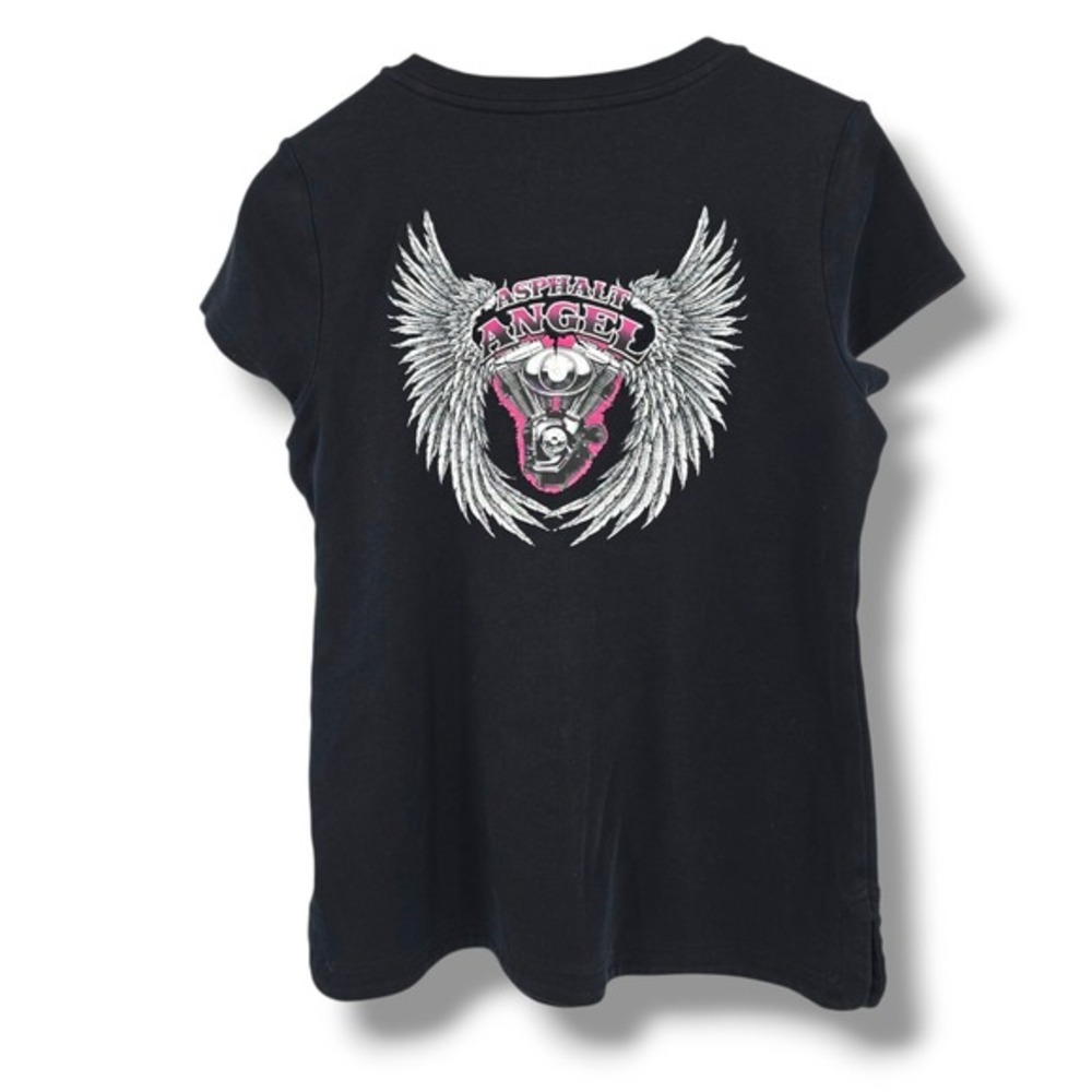 Y2K‎ V-Neck Graphic Tee Asphalt Angel Skull Motorcycle Top Black Size S